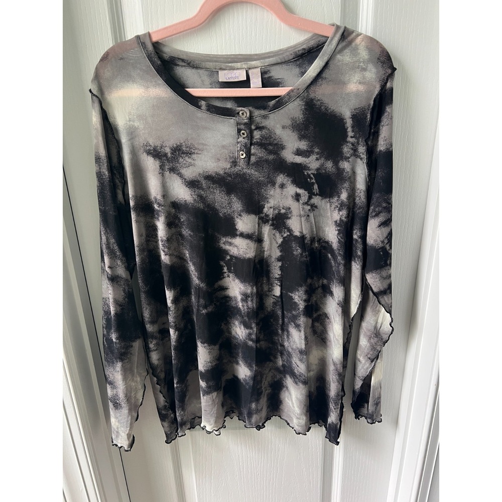 Logo Layers Aspen Gray Black Tie Dye Scoop Neck Long Sleeve Sheer Top Sz L